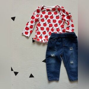 Small shop|Baby girl Red Apple Print long sleeve Top & Blue distressed Jeans•••